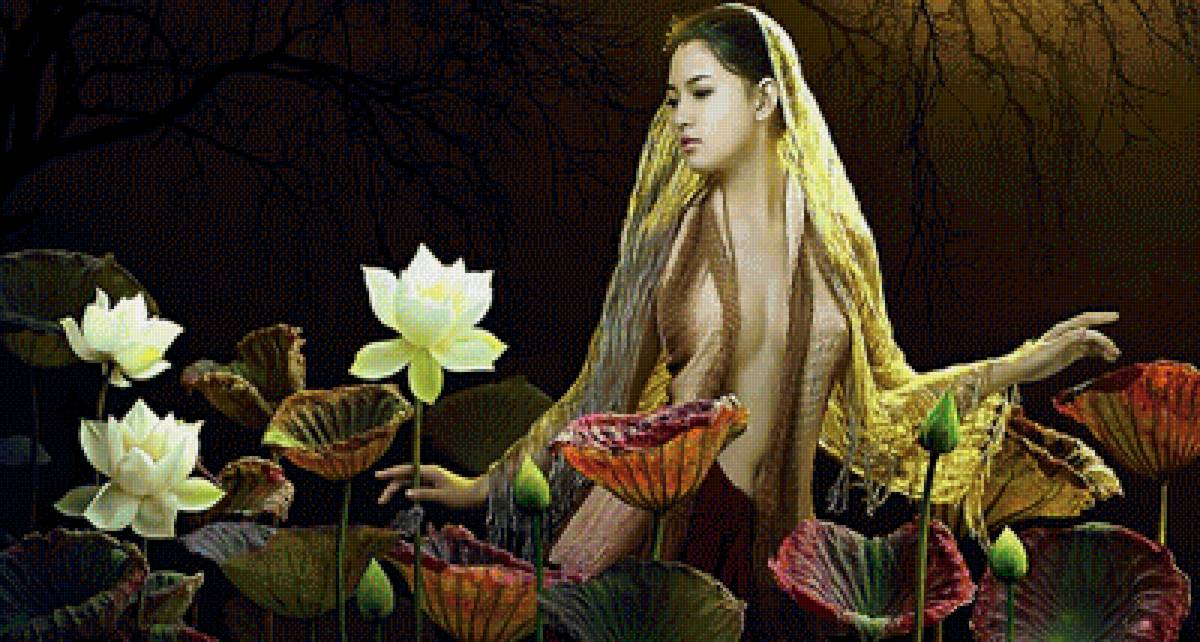 Восточная девушка в лотосах2 - красивая восточная девушка, душа лотоса, портрет, цветок - предпросмотр