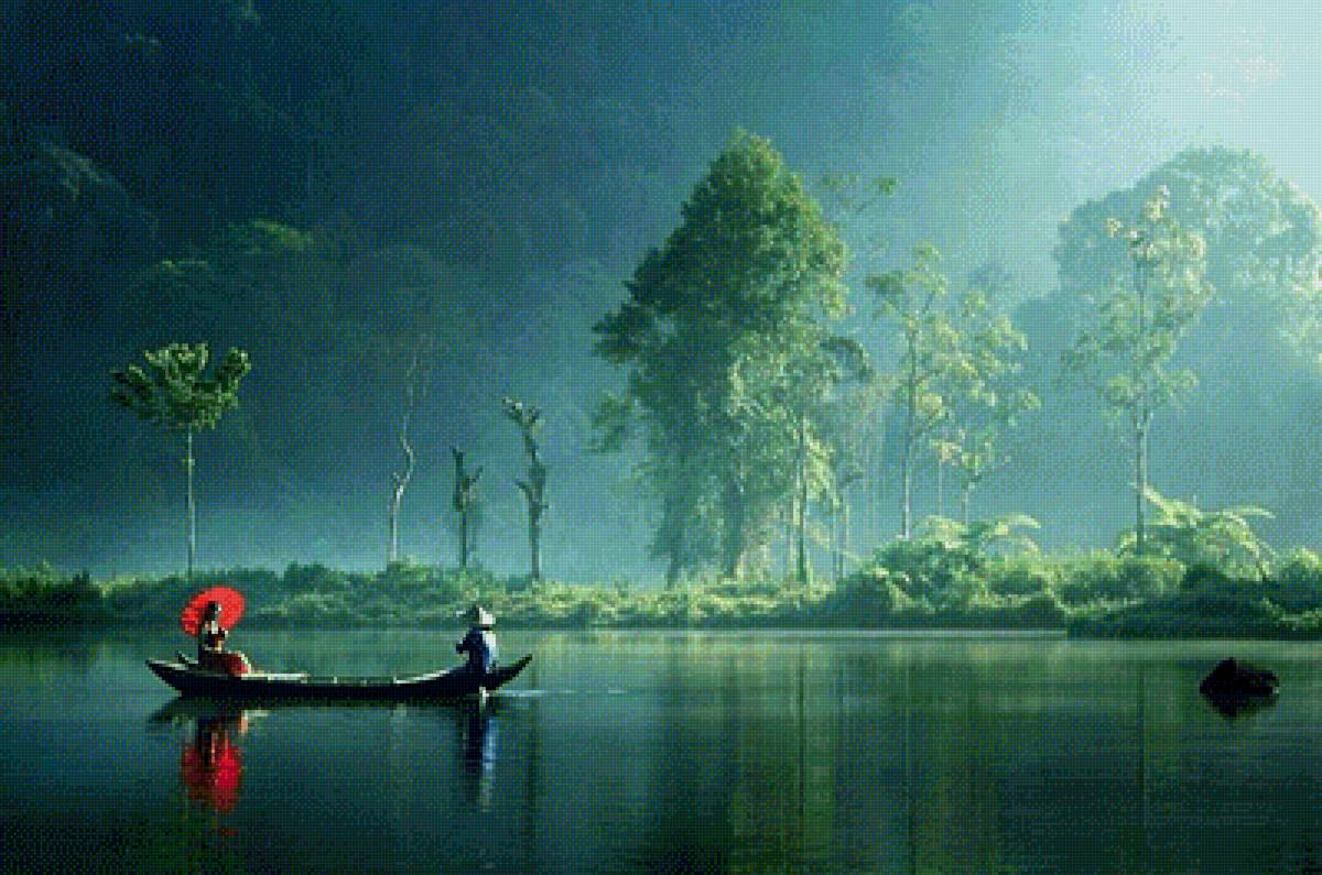 Восточные джунгли - лодка, джунгли, зонтик, река, тропики - предпросмотр