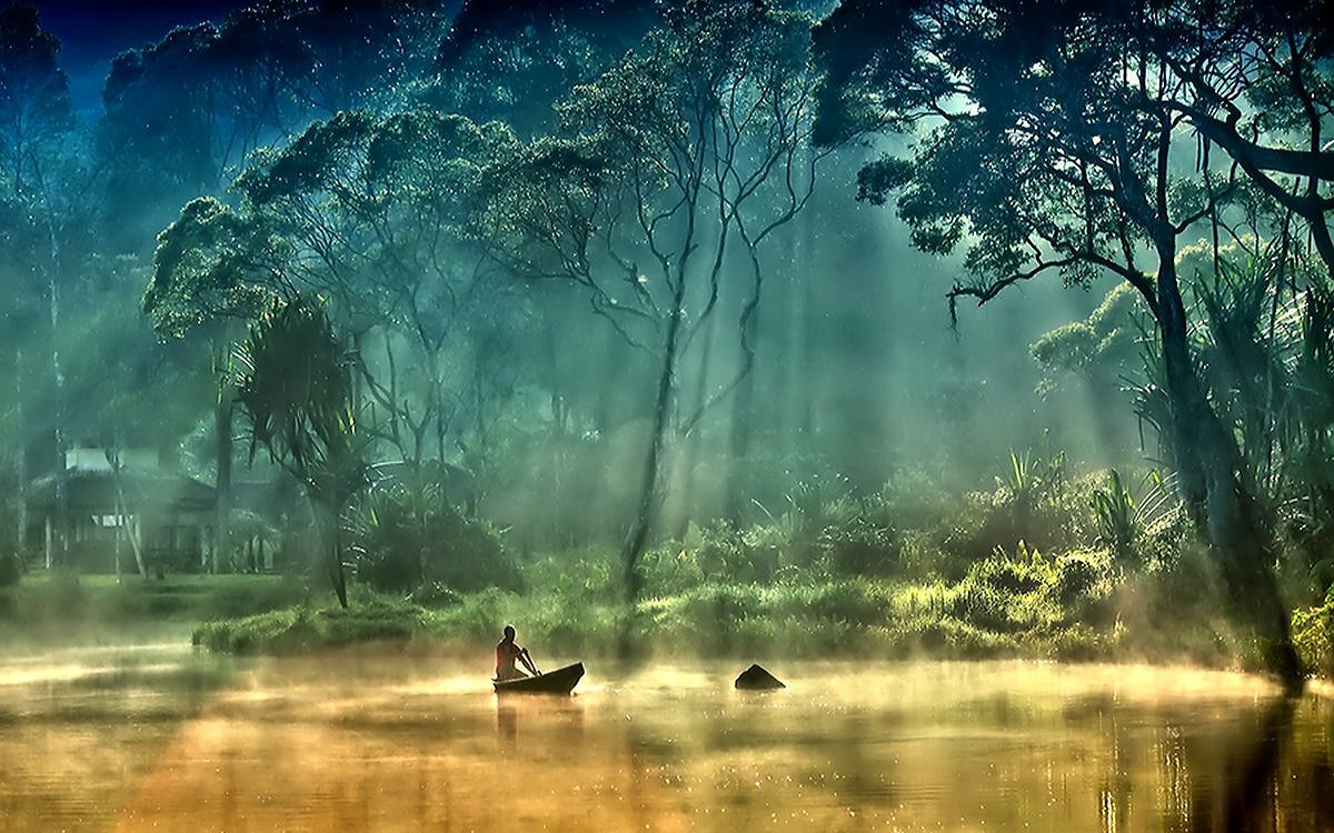 Тропический полдень - рыбак, тропики, джунгли, лодка, река - оригинал