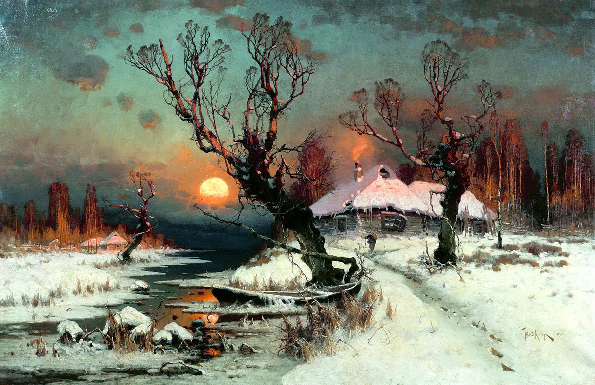 Закат солнца зимой. Клевер Юлий - избушка, лес, живопись, пейзаж, зима - оригинал