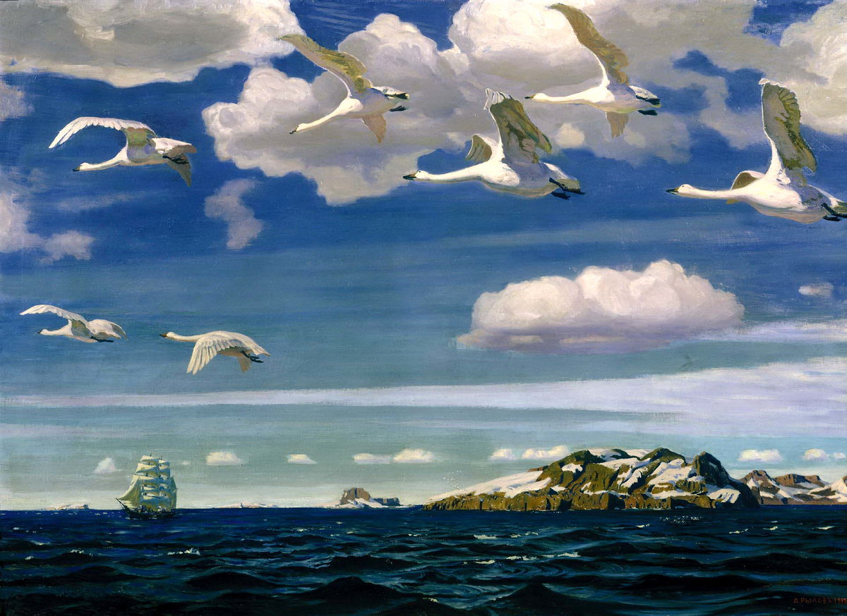В голубом просторе - живопись, пейзаж, лебеди, море, небо, парусник - оригинал