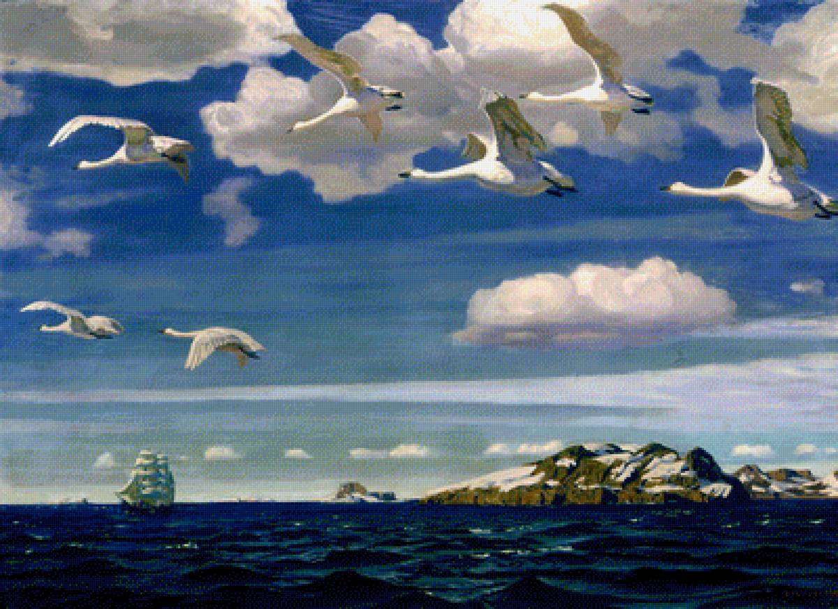 В голубом просторе - лебеди, пейзаж, парусник, живопись, небо, море - предпросмотр