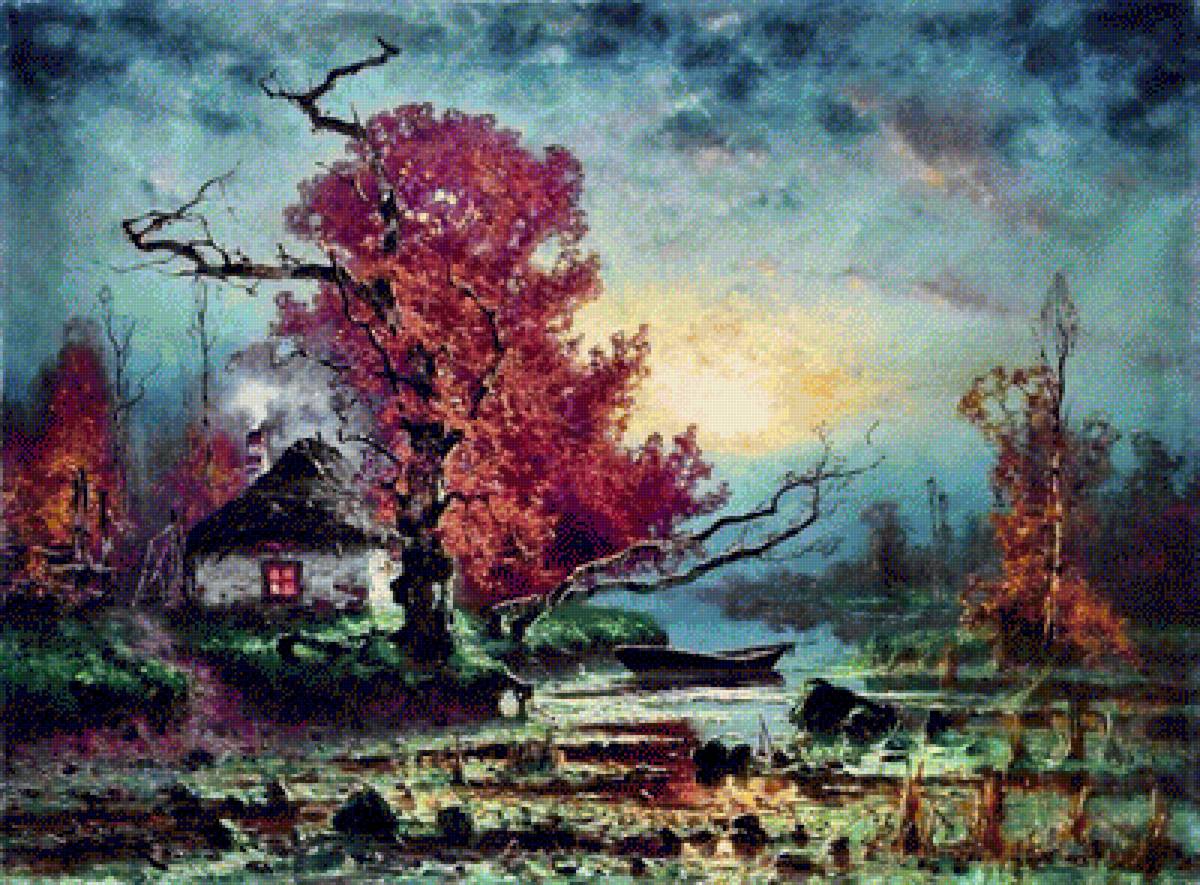 Избушка у реки ночью - избушка, живопись, ночь, пейзаж, лес - предпросмотр