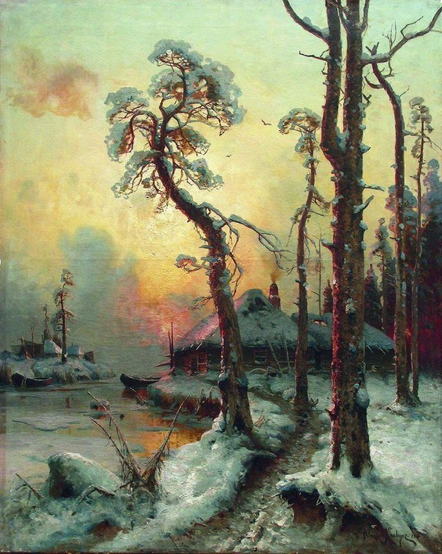 Зимний пейзаж с рекой и домами - зима, живопись, лес, избушка, пейзаж - оригинал
