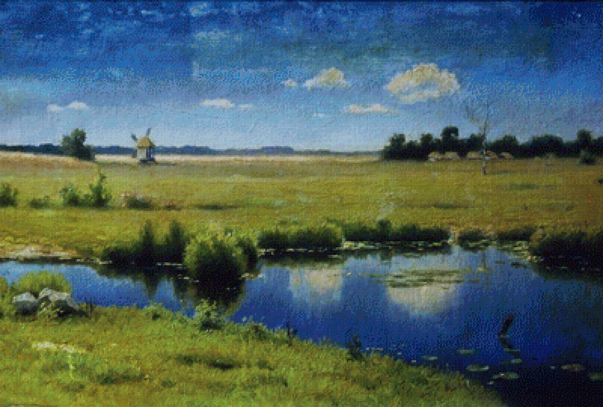 Река на Украине. Кондратенко - поле, река, мельница, пейзаж, живопись - предпросмотр