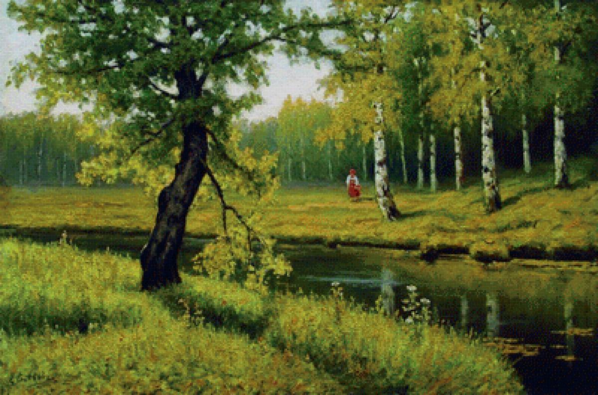 Летний пейзаж с девочкой. Кондратенко - пейзаж, лес, живопись, река - предпросмотр