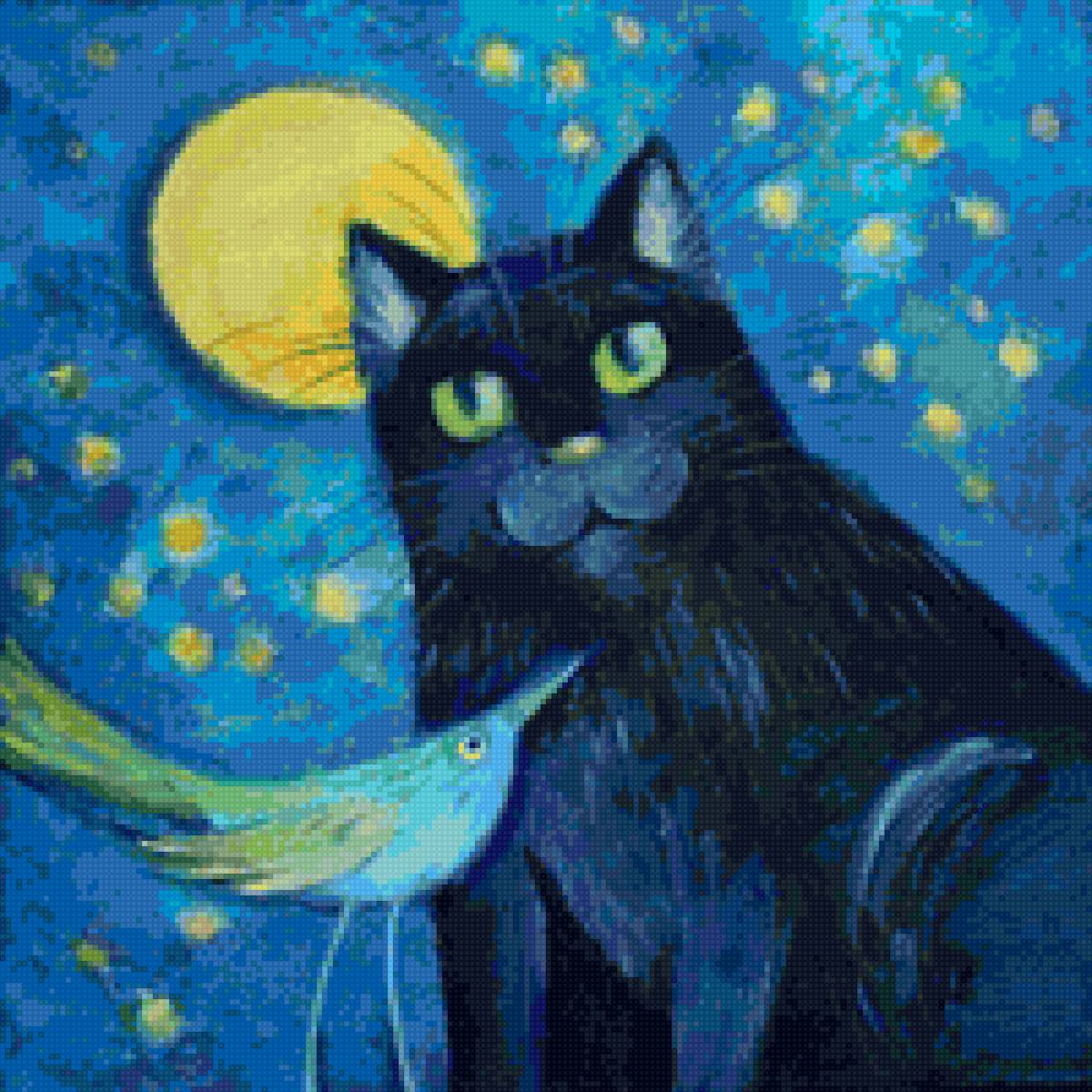лунная ночь - звезды, небо, ночь, коты, луна, кот, птица - предпросмотр