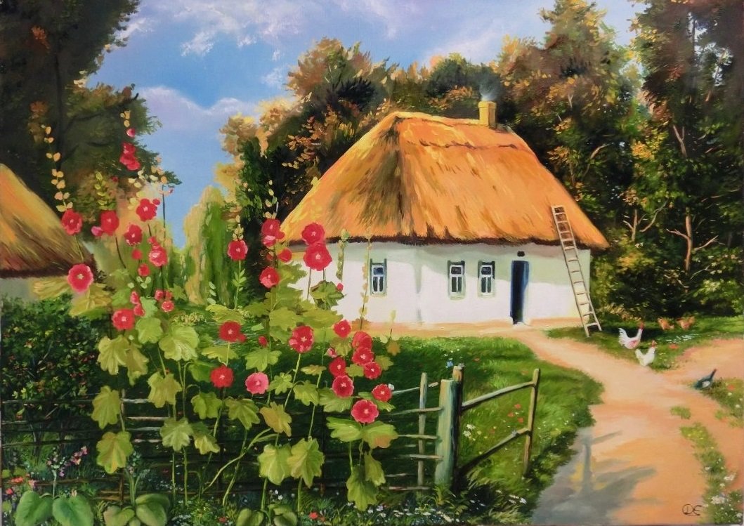 Мальвы у хаты 3 - пейзаж, цветы, домик, мальва - оригинал