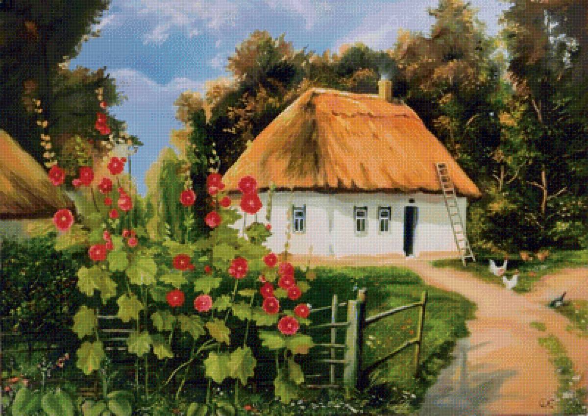 Мальвы у хаты 3 - цветы, домик, пейзаж, мальва - предпросмотр