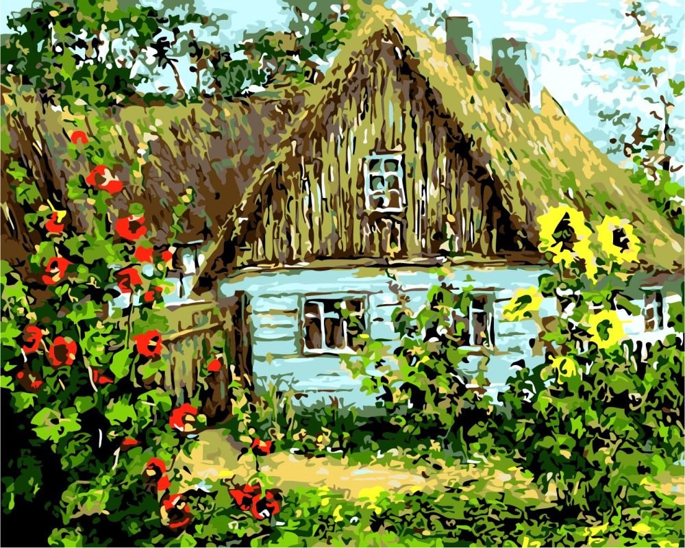 Мальвы у хаты 4 - цветы, пейзаж, домик, мальва - оригинал