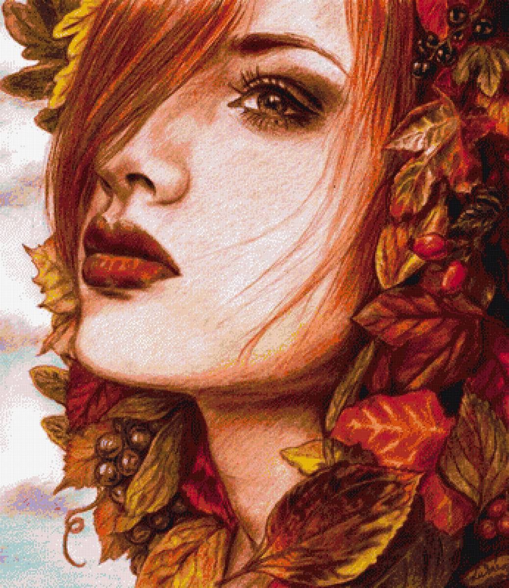 Девушка осень - рисунок, листья, портрет, осень - предпросмотр
