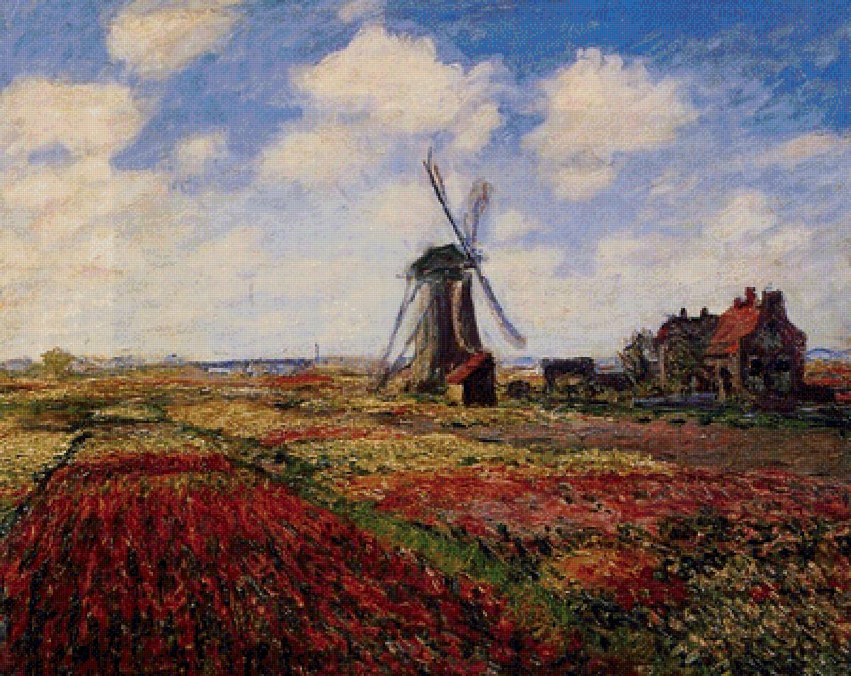 Поле тюльпанов с мельницей в Рейнсбурге. Клод Оскар Моне - живопись, пейзаж, поле, мельница, импрессионизм - предпросмотр