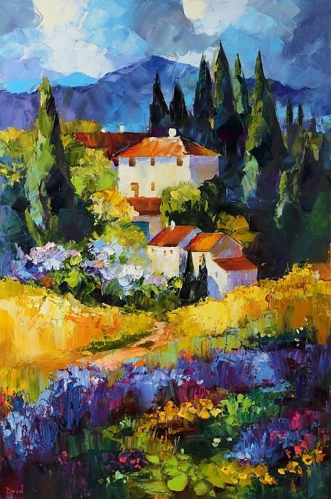 Италия - деревня, пейзаж, цветы, италия, поле - оригинал