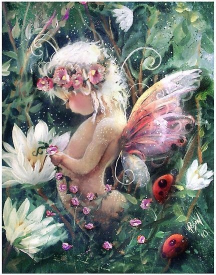 Baby in the Woods_ Robin Pushe'e - angel, art, flowers, fairy, painting, insect, baby - оригинал