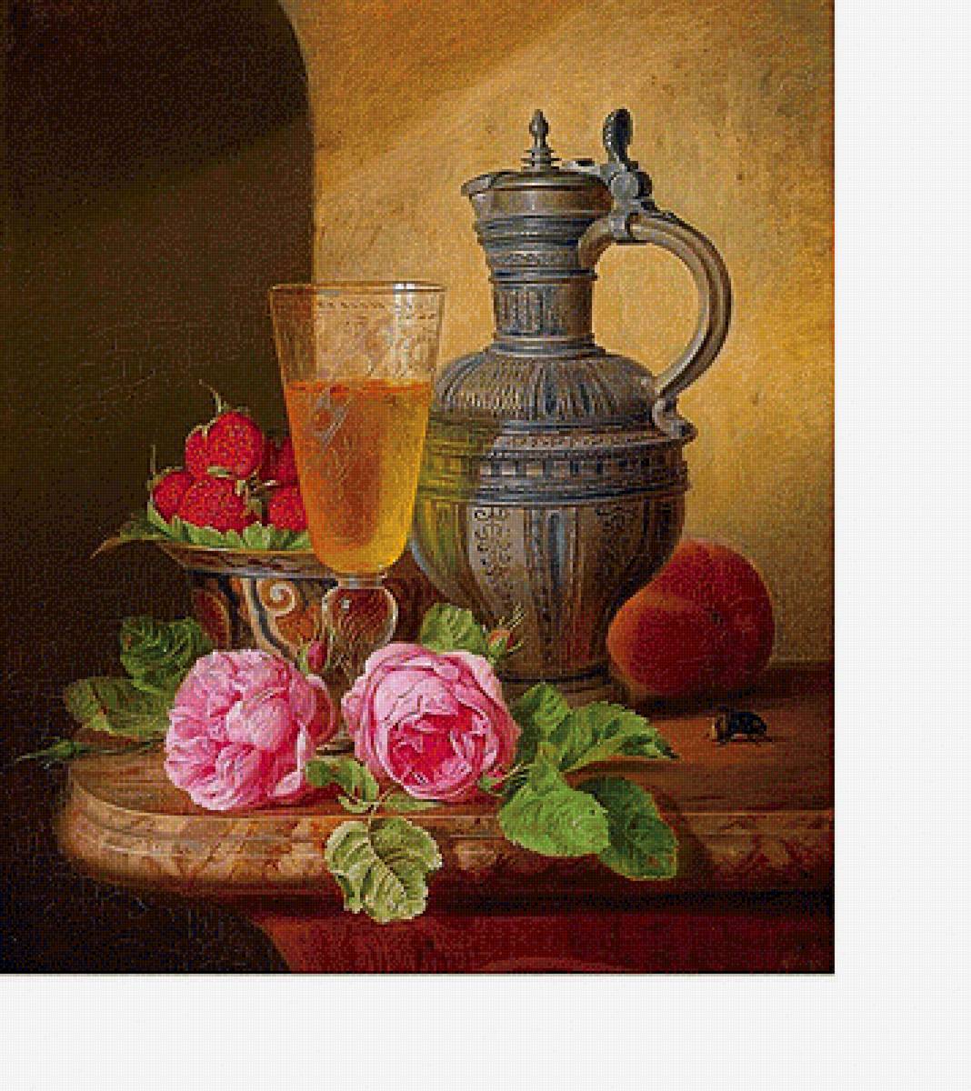 Натюрморт - розы, кувшин, клубника, персик, бокал - предпросмотр