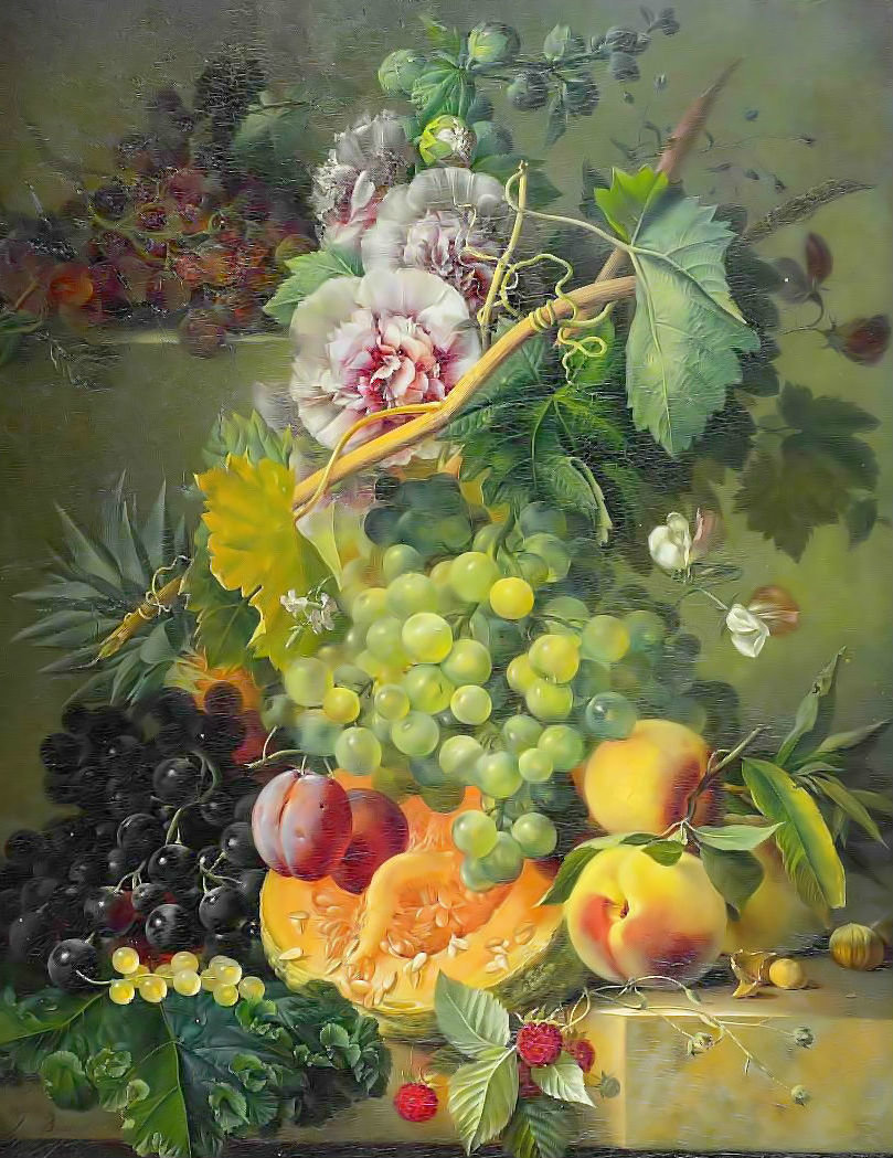 Натюрморт - персики, виноград, цветы - оригинал