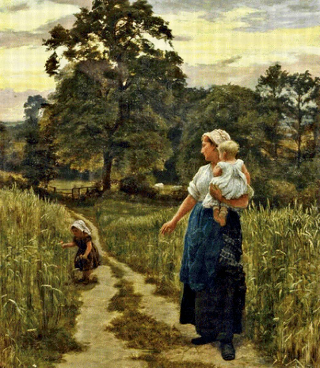 Лето. Джеймс Томас Линнелл - женщина, дети, пейзаж, поле - предпросмотр