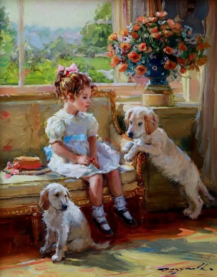 Девочка с собаками - портрет, девочка, собака - оригинал