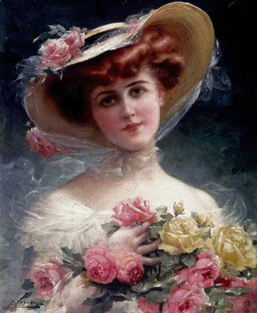 Девушка с букетом - девушка, живопись, портрет, 19 век - предпросмотр