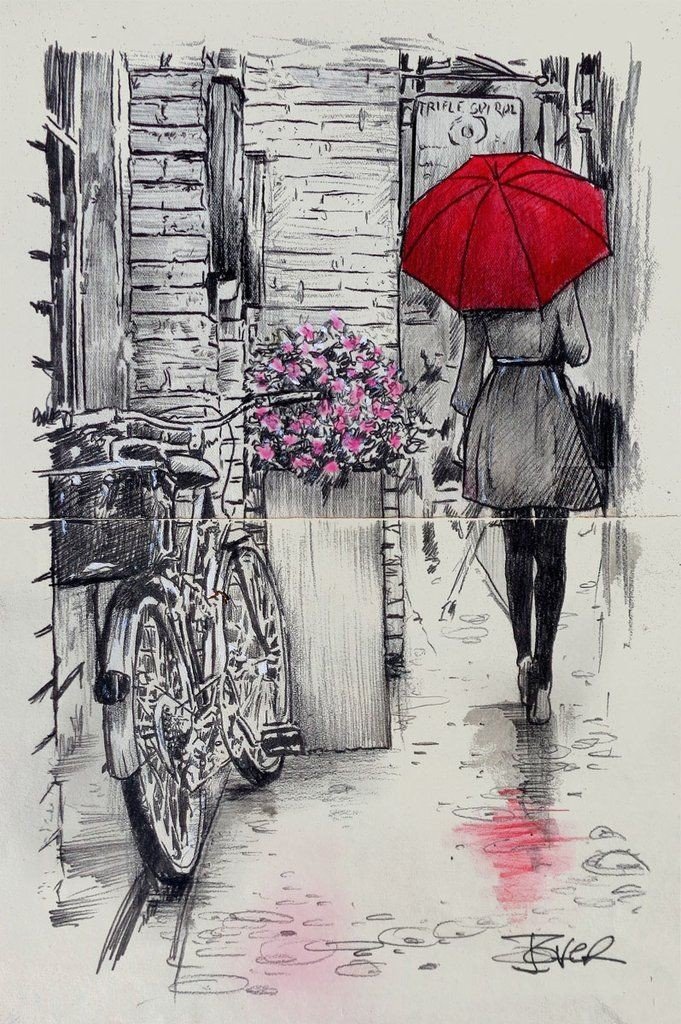 Amsterdam Walk - umbrella, walk, bicycle, lonely, red, draw, pencil - оригинал