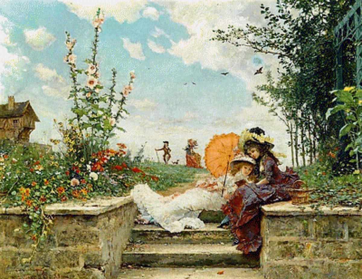 В летнем саду - дама, сад, 19 век, цветы - предпросмотр