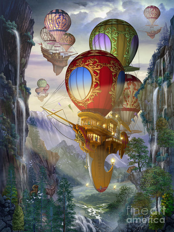 воздушый корабль - корабль, водопад, воздушный шар, небо - оригинал