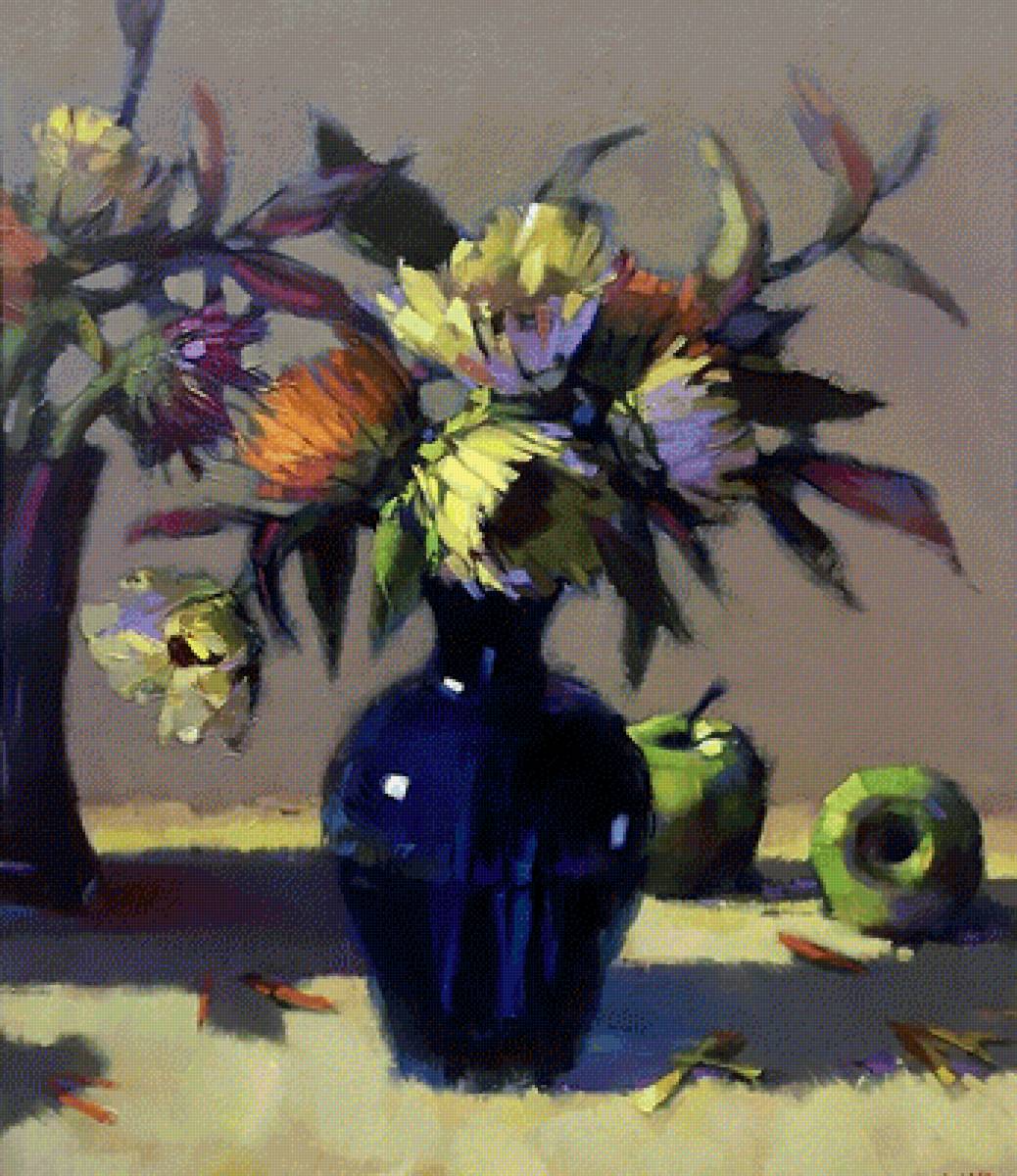 Цветы в синей вазе - ваза, живопись, натюрморт, цветы - предпросмотр
