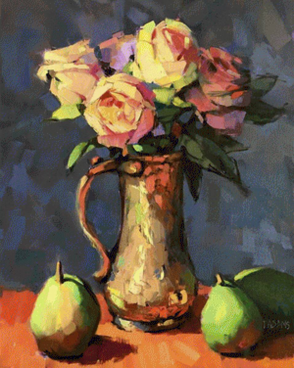 Цветы и груши - груши, живопись, ваза, натюрморт, цветы, фрукты - предпросмотр