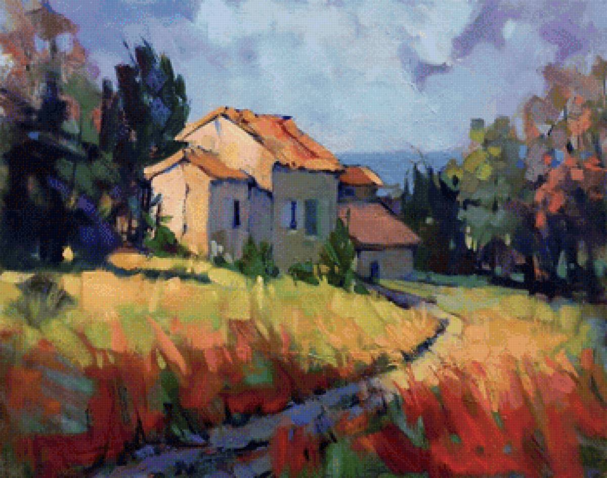 Дом на краю поля - поле, домик, пейзаж, живопись - предпросмотр