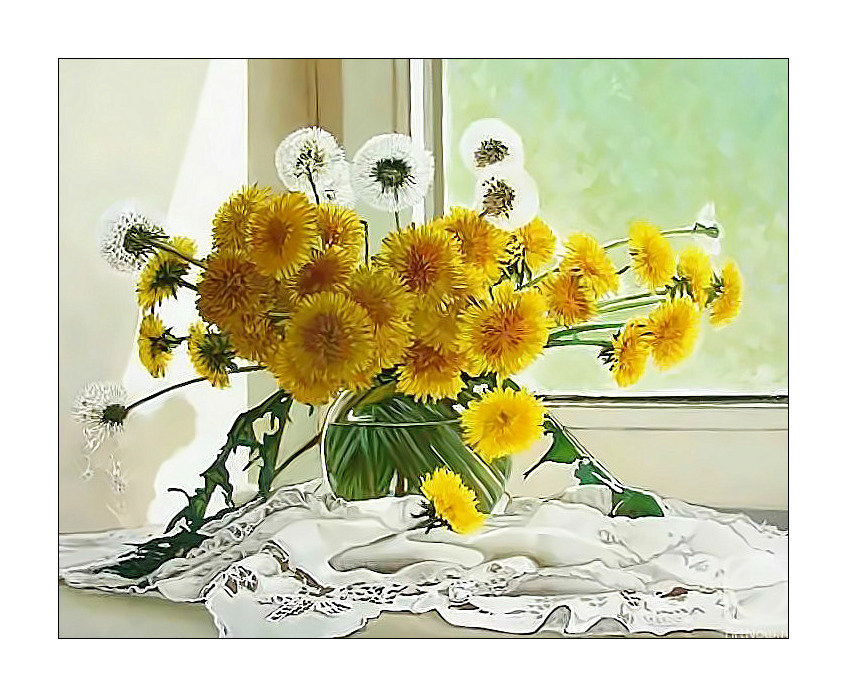 Одуванчики. - цветы, одуванчики, окно, живопись, букет - оригинал