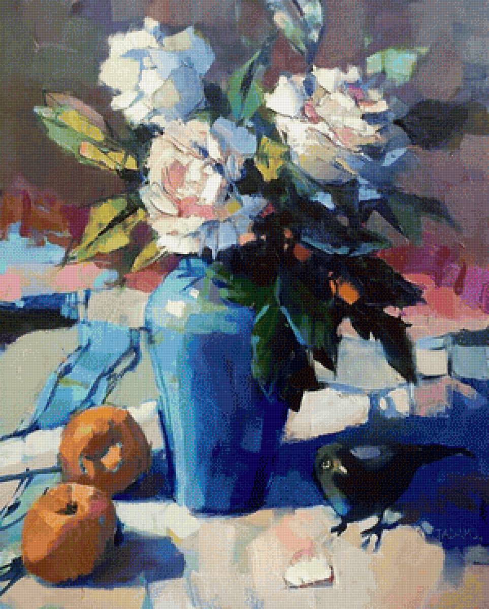 Цветы и птица - натюрморт, живопись, цветы, птичка, ваза - предпросмотр