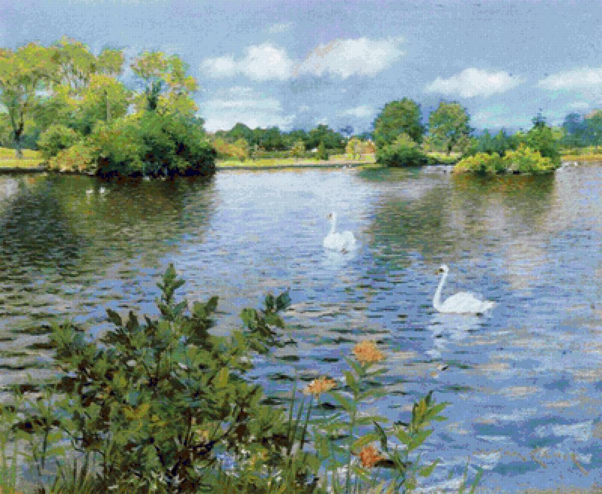 Пейзаж с лебедями. Уильям Мерритт Чейз - живопись, лебеди, пруд, пейзаж - предпросмотр