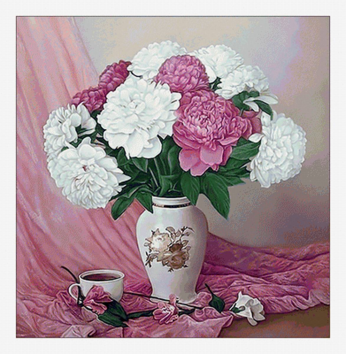 Пионы.Букет. - живопись, натюрморт, цветы, букет, чашка, пионы - предпросмотр