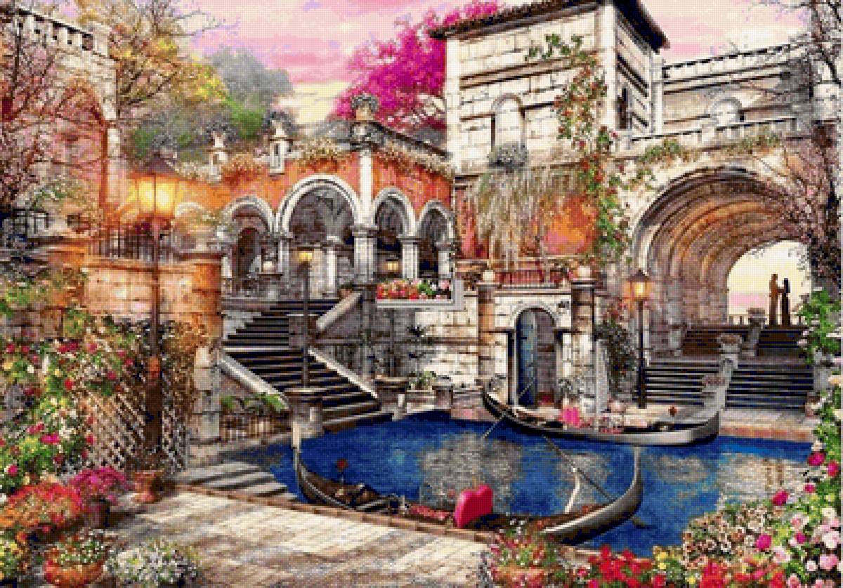 A Love Of Venice_ Dominic Davison - castle, art, flowers, love, venice, draw, carpentry boat, river - предпросмотр