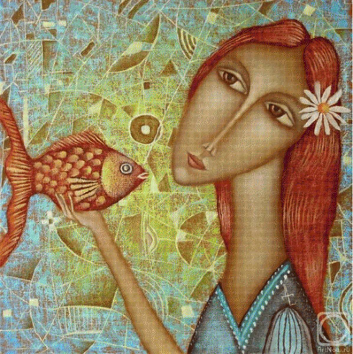 Золотая рыбка. Дмитрий Сулимов - девушка, портрет, живопись, рыбка, наив - предпросмотр