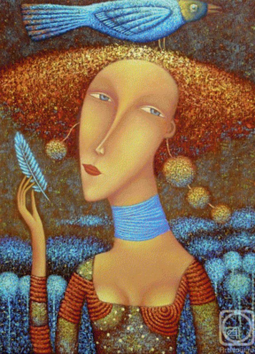 Синяя птица. Александр Сулимов - живопись, наив, девушка, портрет, птица - предпросмотр