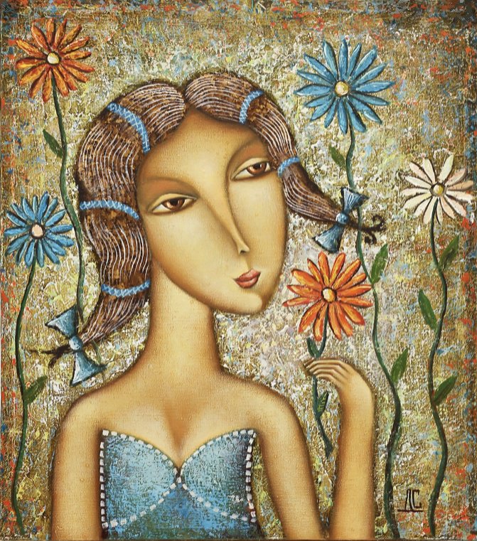 Цветы. Дмитрий Сулимов - живопись, портрет, наив, девушка, цветы - оригинал