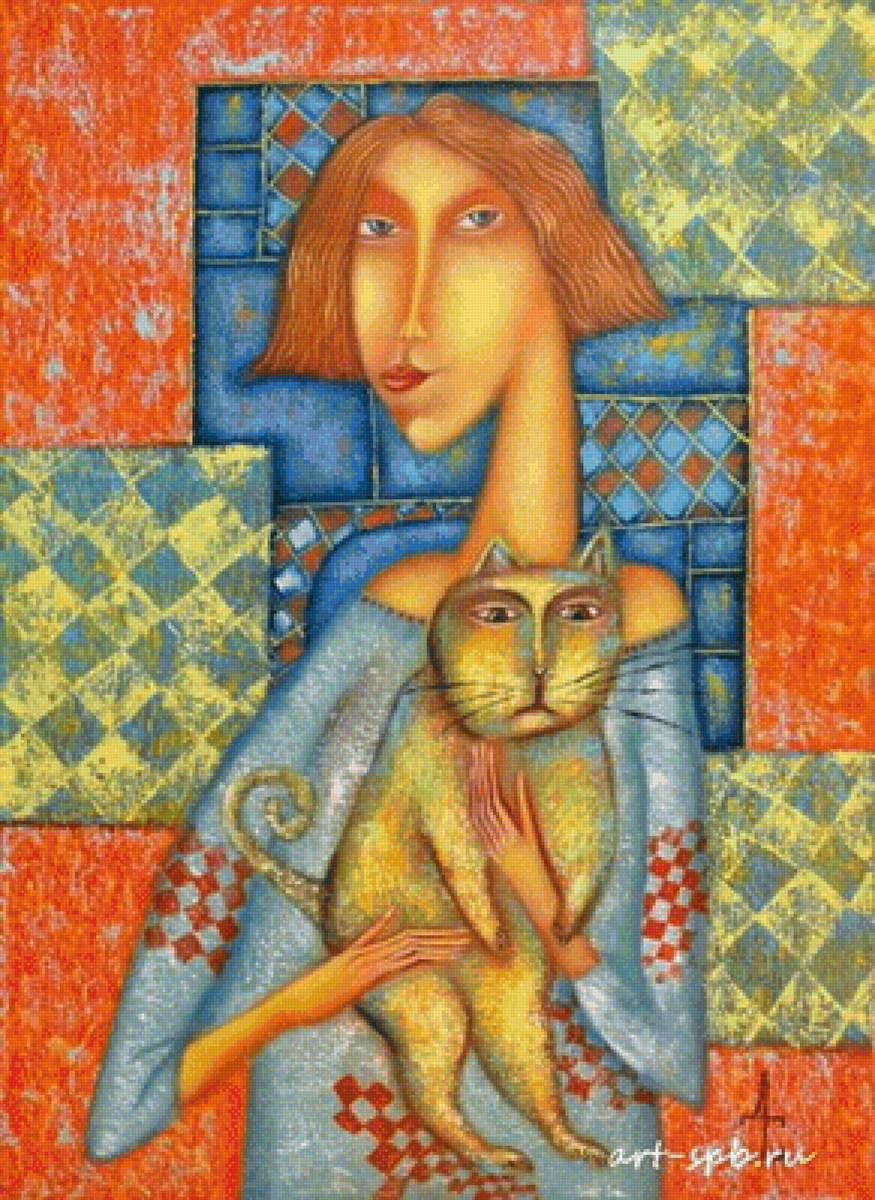 Портрет с кошкой 2. Дмитрий Сулимов - портрет, наив, девушка, живопись, кошка - предпросмотр