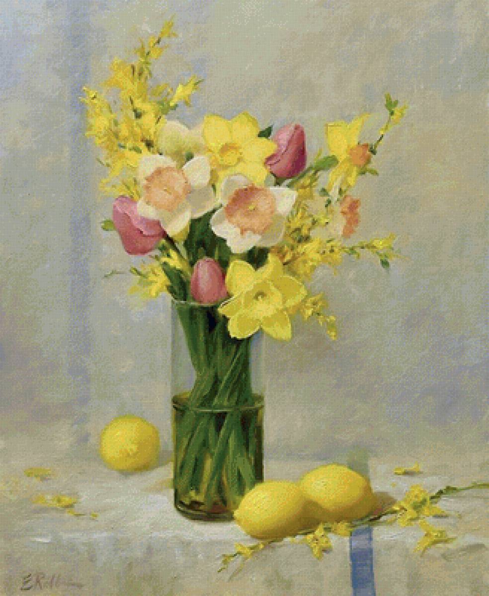 Нарциссы в вазе - ваза, цветы, живопись, нарциссы, натюрморт - предпросмотр