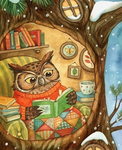 сокрытое - дом, чтение, дупло, уют, книги, сова, зима - оригинал
