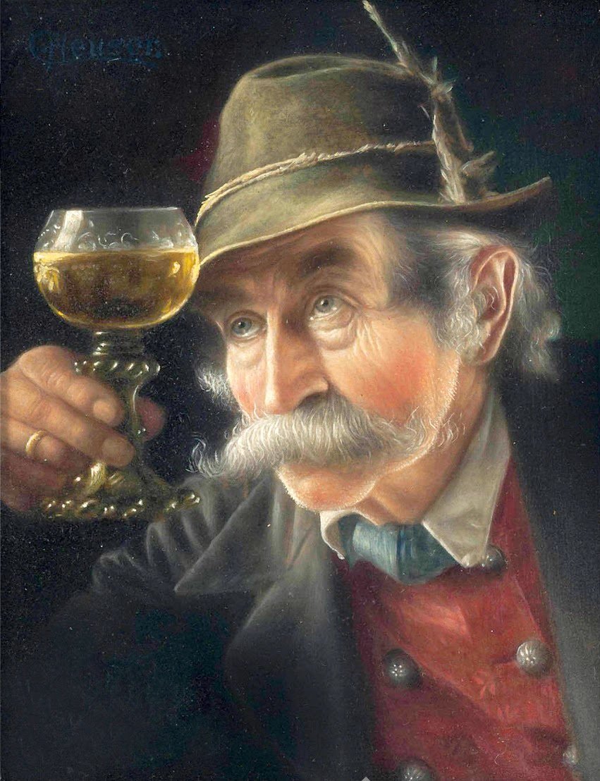 Carl Heuser - шляпа, старик, вино, бокал - оригинал