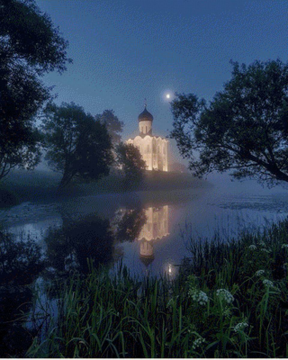 Лунная ночь - церковь, ночь, пейзаж, река - предпросмотр