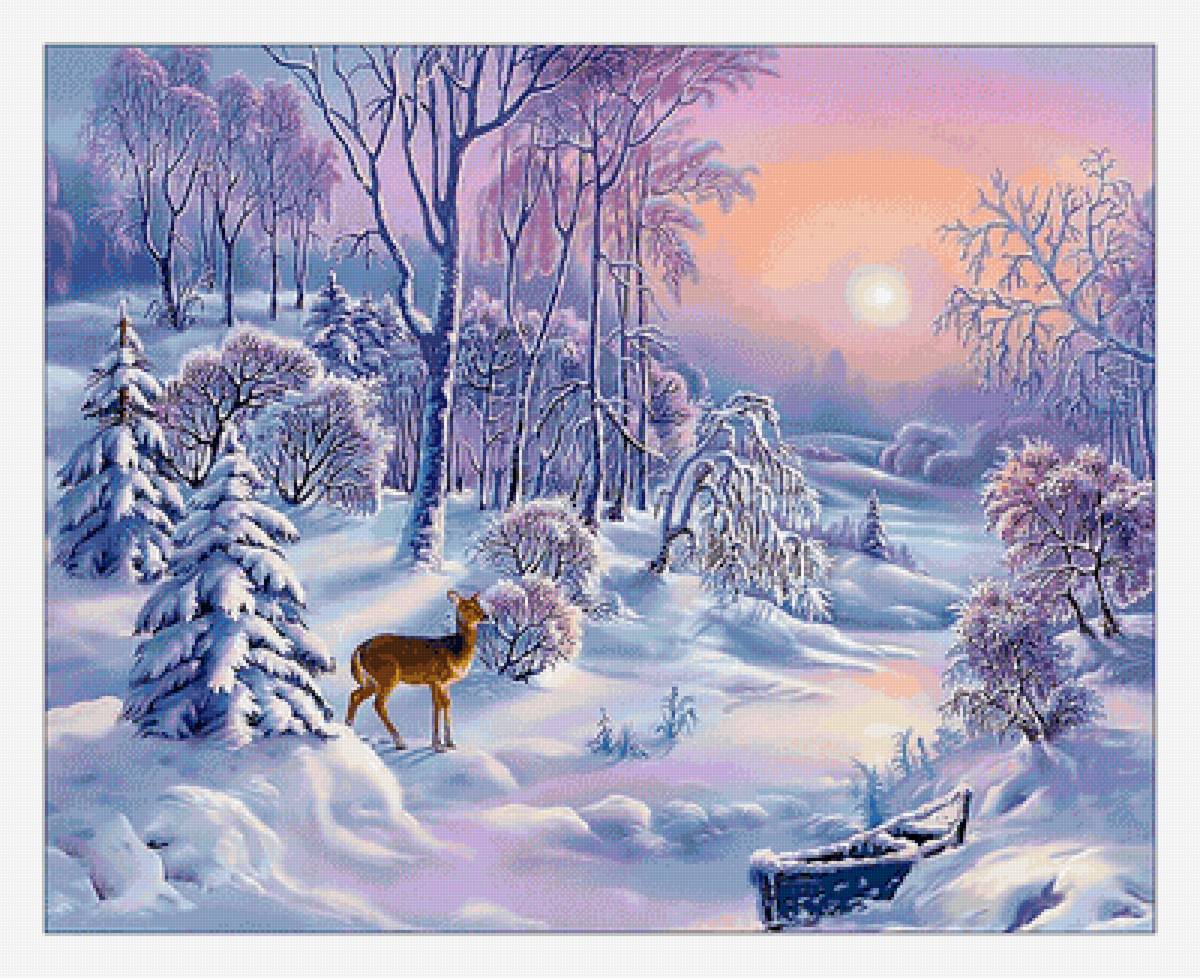 Зимний пейзаж. - лес, живопись, зима, олень, снег, закат, пейзаж - предпросмотр
