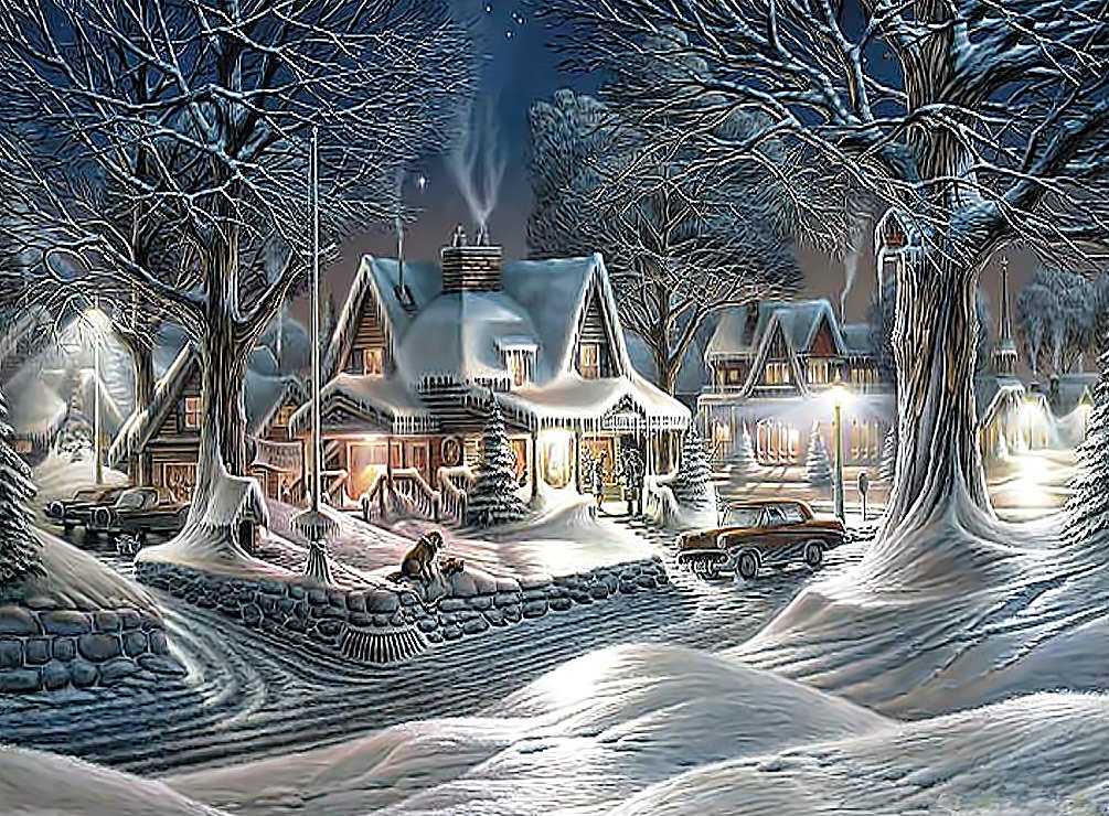 Зимний вечер. - пейзаж, зима, домики, живопись, снег - оригинал