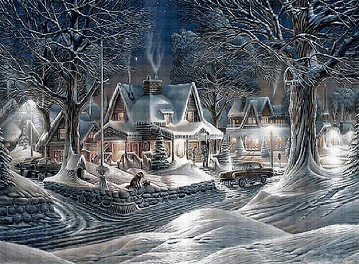 Зимний вечер. - снег, живопись, пейзаж, зима, домики - предпросмотр