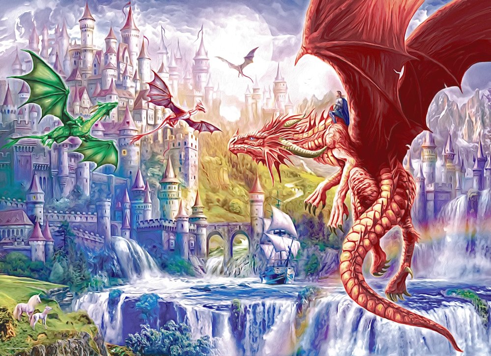 №2098563 - дракон, водопад, фэнтези, всадник - оригинал