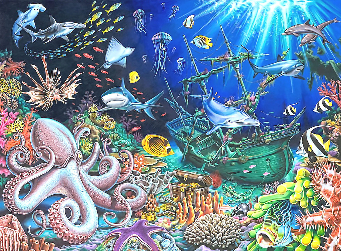 Подводный мир - корабль, дельфины, осьминог, рыбы, подводный мир - оригинал