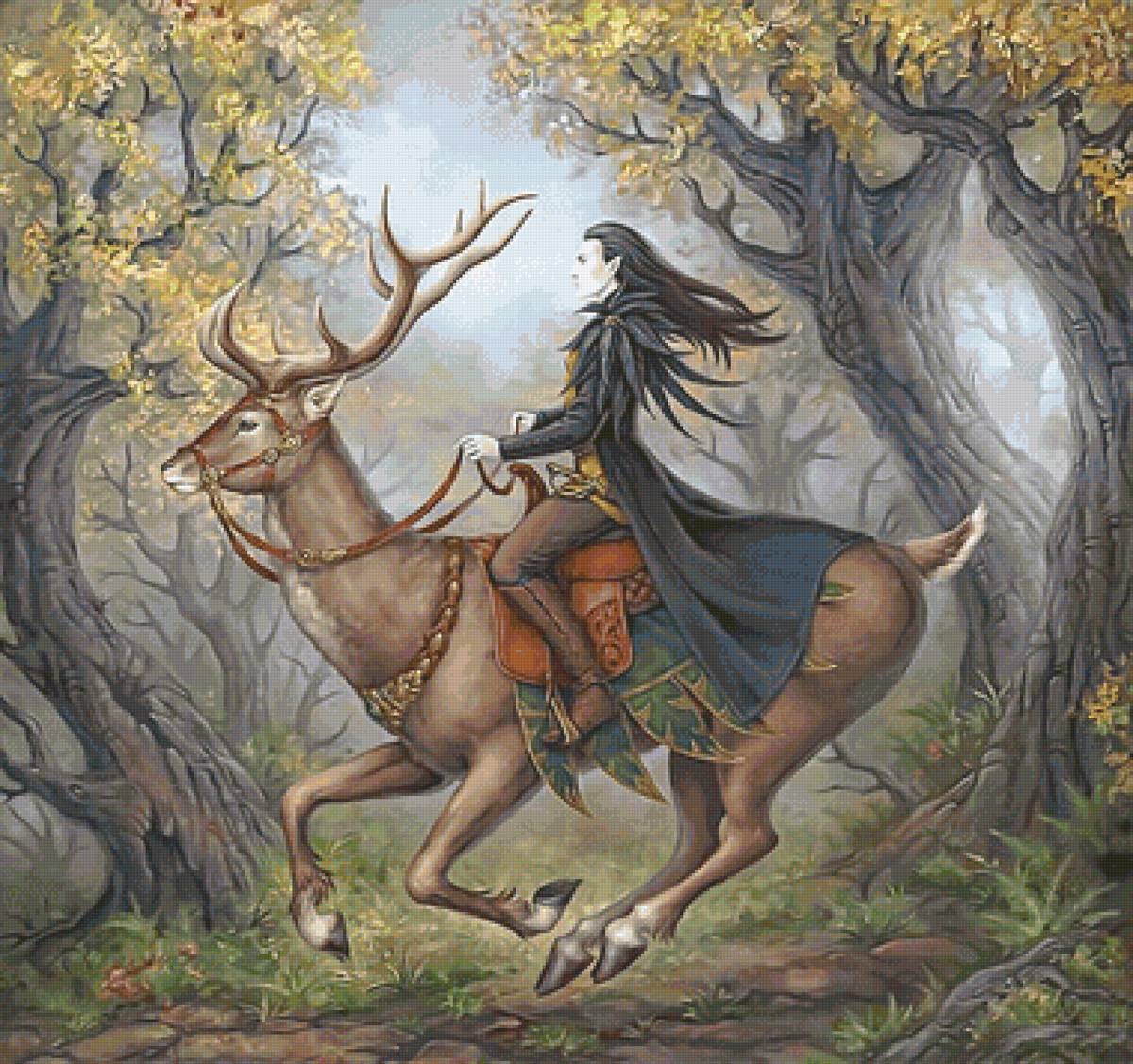 №2098569 - деревья, фэнтези, всадник, олень - предпросмотр