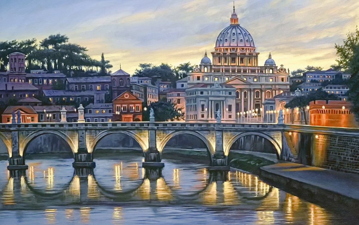 Вечерний город - вечер, река, городской пейзаж, город, мост, собор - оригинал