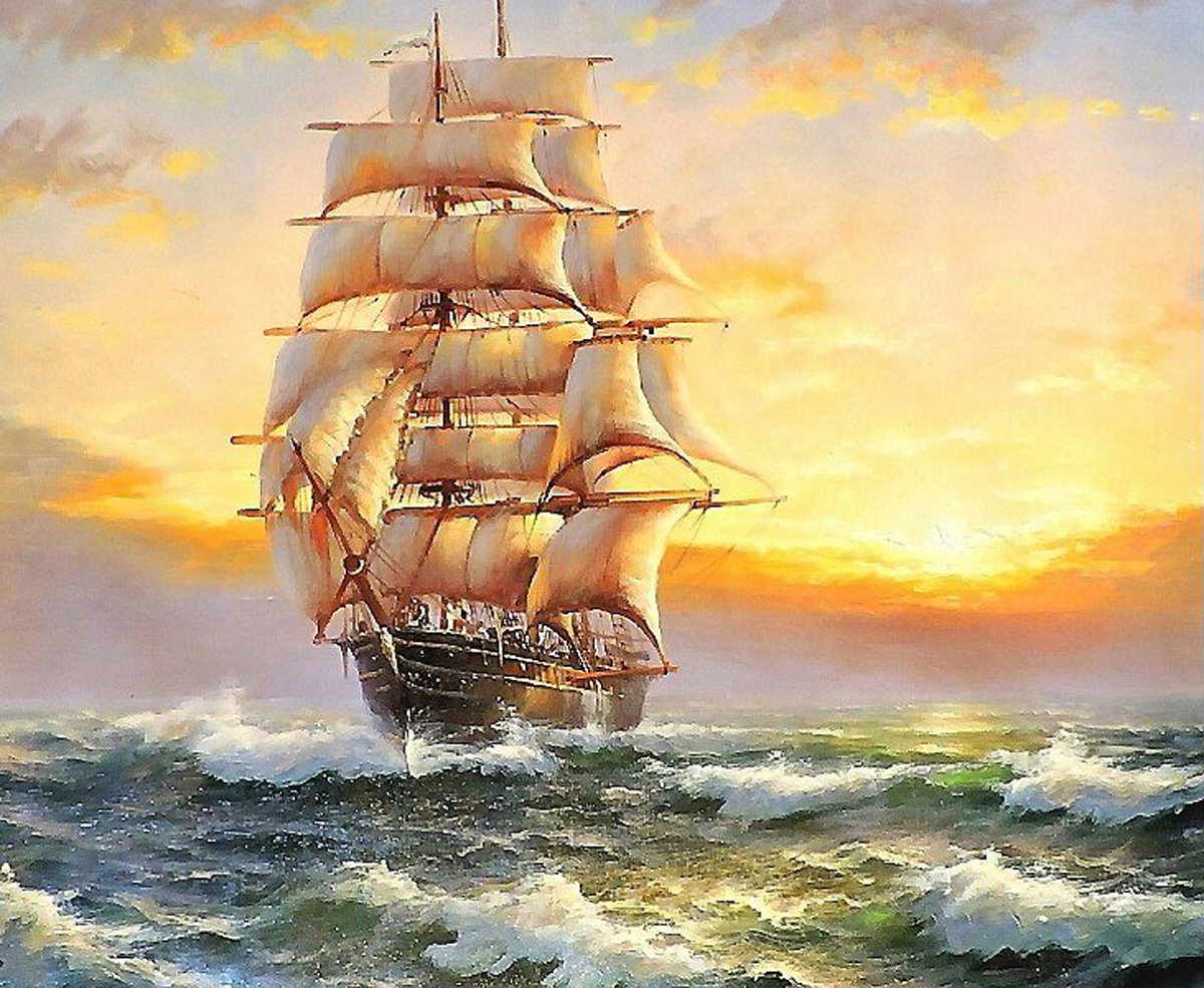 Закат на море - море корабль волны пейзаж морская, закат - оригинал